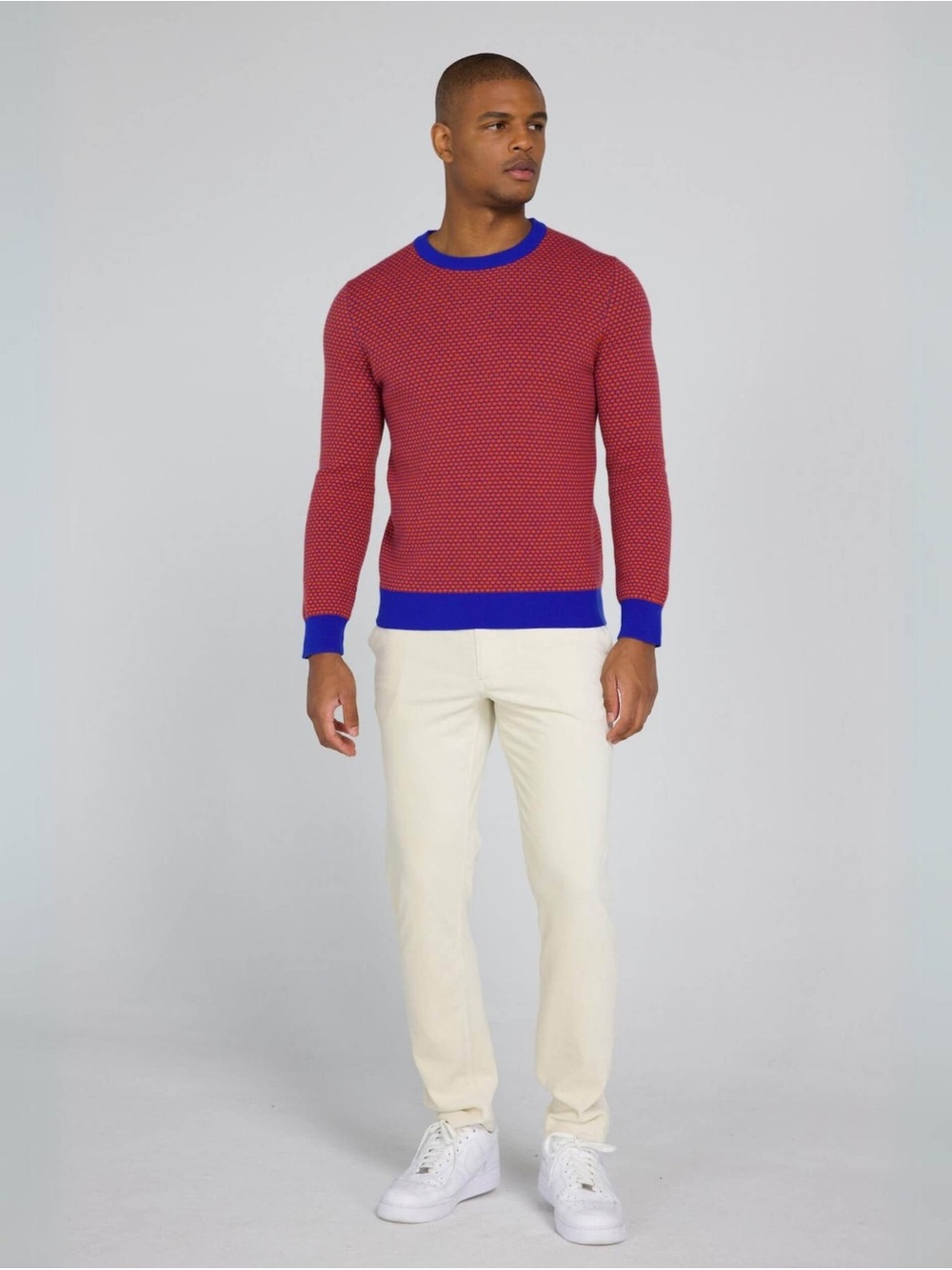 Redvanly Men's Red golf Textured Crewneck Sweater with Blue Trim nwot size XL